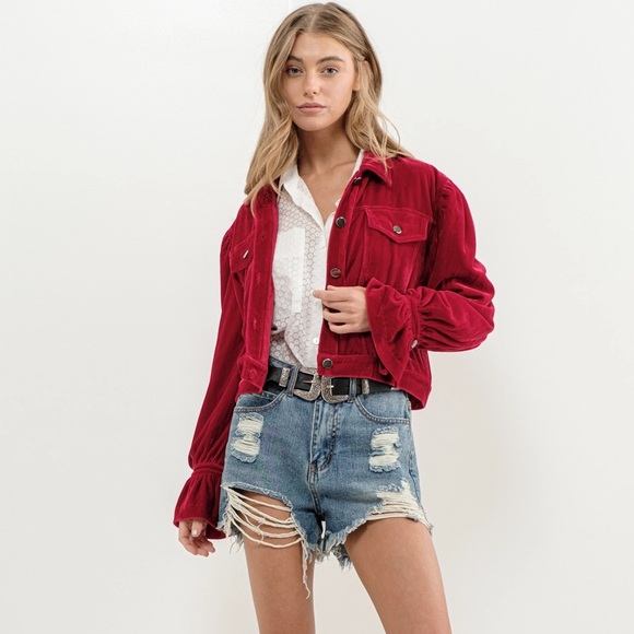 Velvet Puff Peet Sleeve Button Up Crop Jacket in Red - Picture 5 of 7